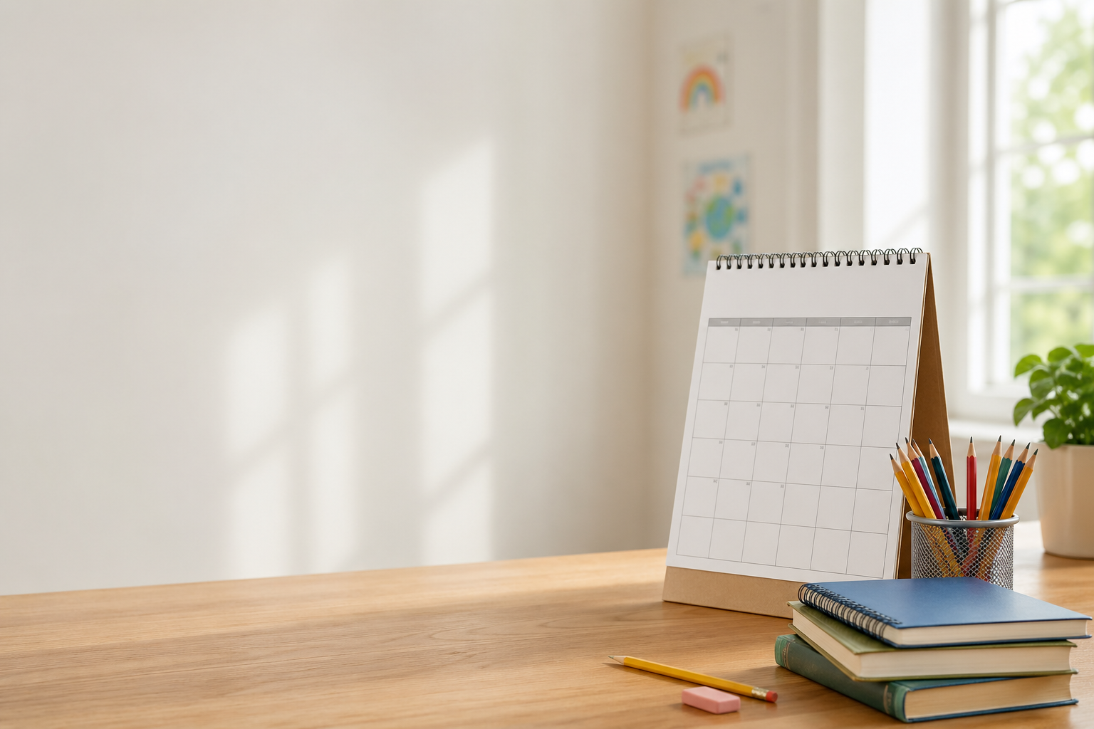 Classroom desk with calendar, pencils, and notebooks